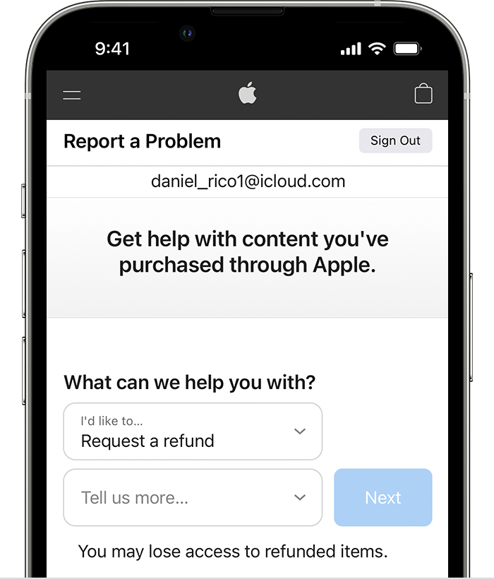 iPhone showing the Report a Problem website where you can request a refund. After you choose Request a refund, choose the reason why you're asking for the refund.
